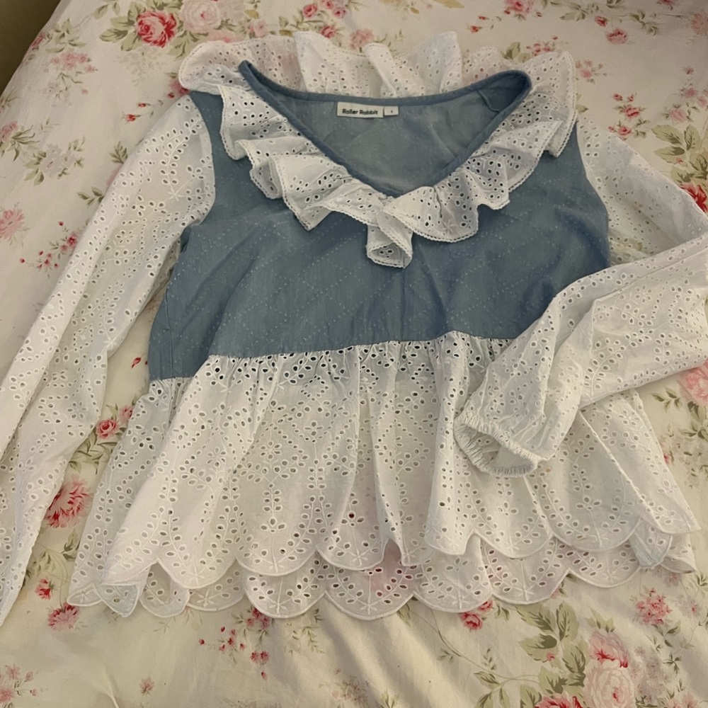 Roller Rabbit Blue and White Lace Blouse